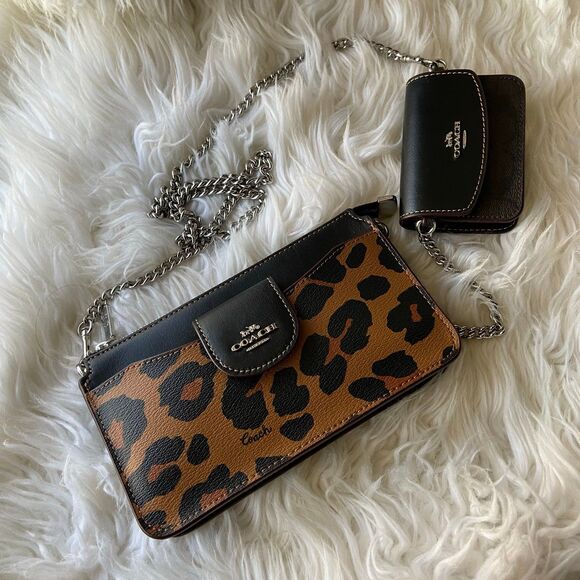 Coach Poppy Crossbody with Card Case in Leopard Print and Signature Canvas - Picture 1 of 8